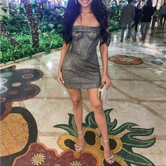 Rare House of Cb Ophelia Mini Silver Gray Dress Corset Shimmer Size XS - Picture 3 of 10